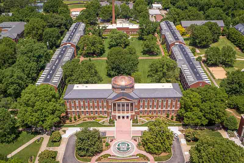 An aerial view of Johnson Hall and Meredith's campus.