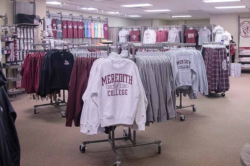 Meredith sweatshirts and t-shirts for sale in campus store.