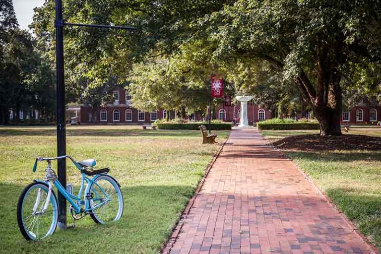 A blue bike against a lamp post by the fountain on a summer day.