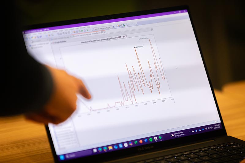 Hand pointing at laptop screen showing data plotted line graph