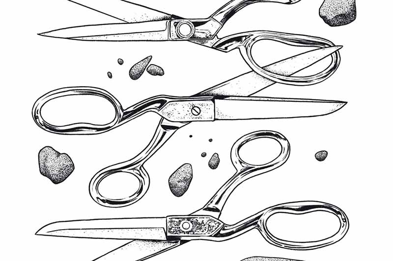 An original drawing of three scissors with rocks around them.