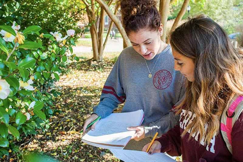 Two students compare notes outside.