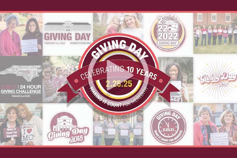 Giving Day Video Promo showing Meredith Students and Giving Day Logo with play button.