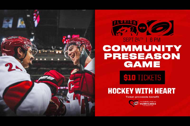 Two canes players bumping fists and smiling with text "September 24th at 6pm Community Preseason Game $10 tickets".