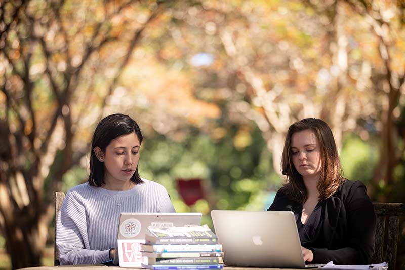 Two students working outside on a nice day.