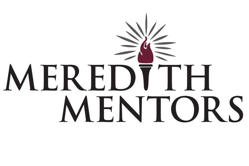 Logo showing words Meredith Mentors with a torch representing the letter "I."
