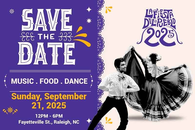 A man and woman in traditional latino dance dress with text "Save the Date, music food and dance, sunday september 21st, 2025. La Fiesta Del Pueblo 2025".