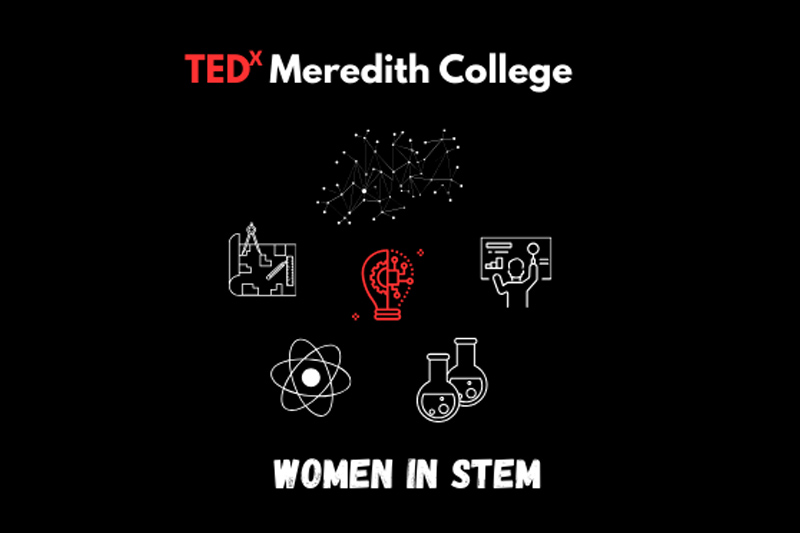 The words TEDx in red and Women in STEM in White on a black background with drawings of beakers, atoms and other sciences
