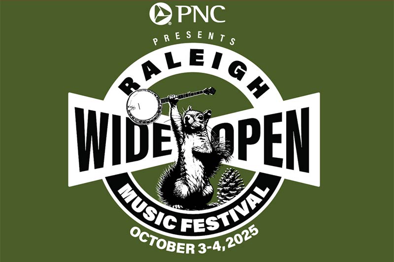 A squirrel hoising a banjo next to a pine cone that says Raleigh Wide Open Music Festival.